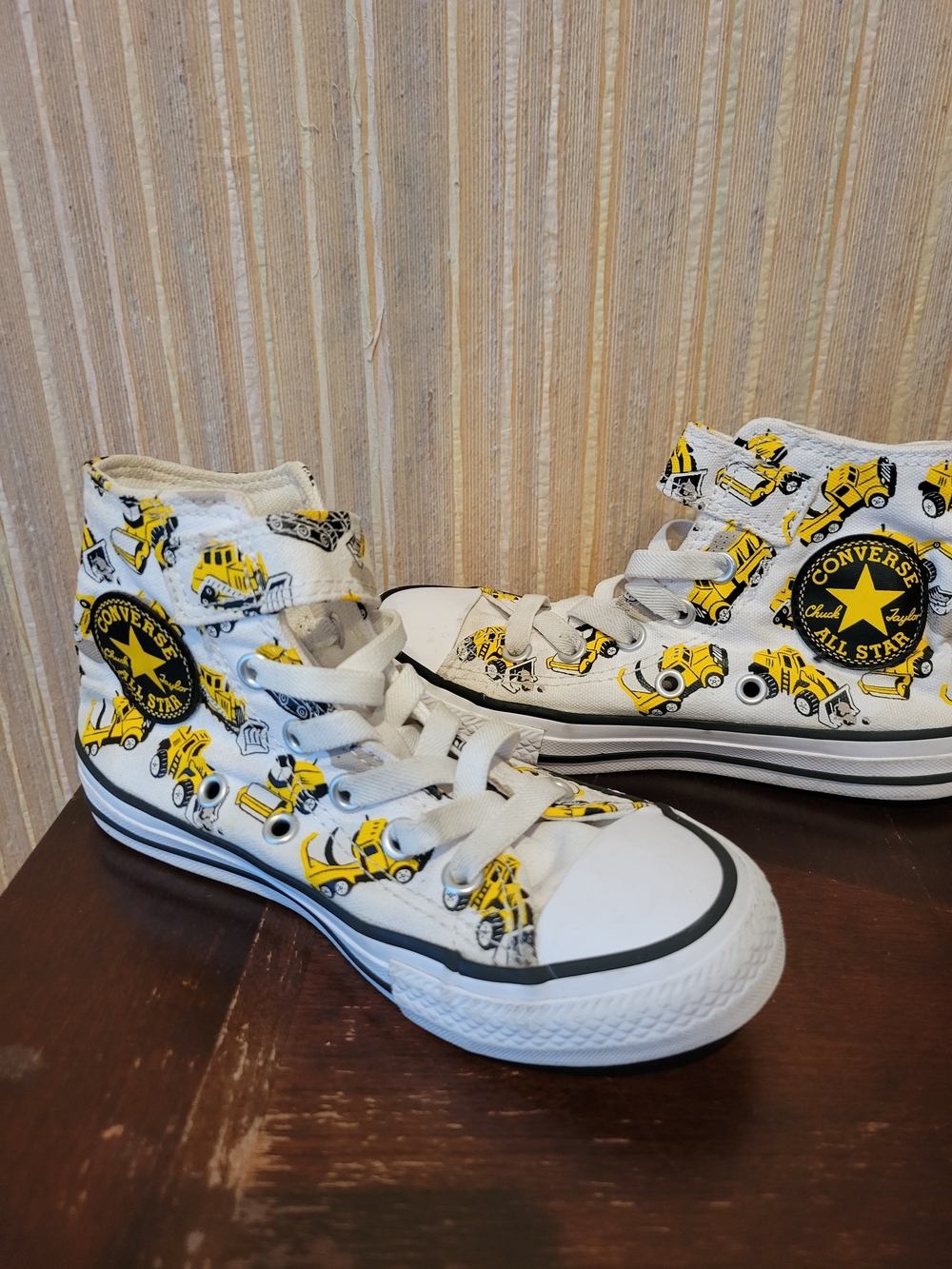Converse Kids' CTAS High-Top Sneakers in White with Yellow Truck Print Size 12
